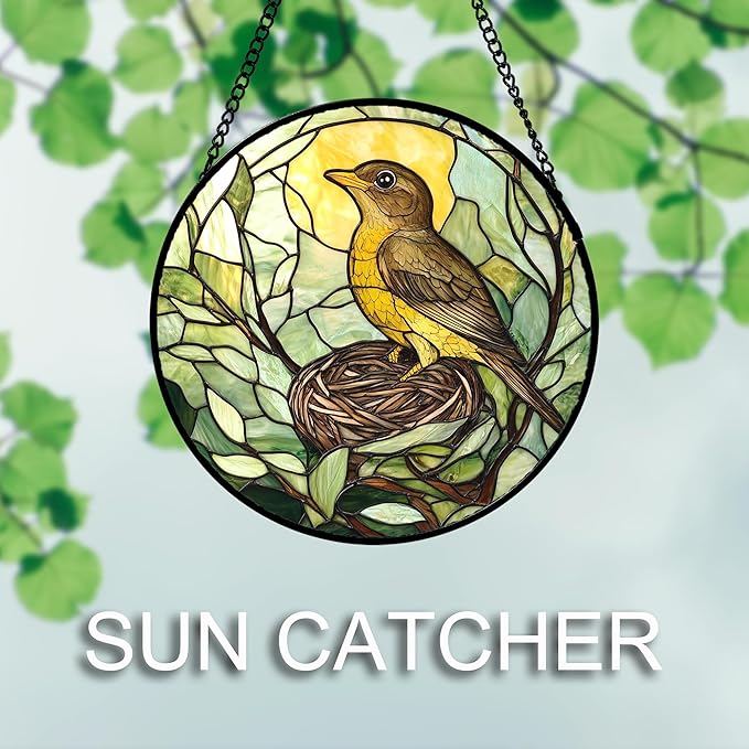 DASTOLL Stained Glass Window Hanging 4 Pcs Set Bird Theme On Branch 6.3" - Cardinal Suncatcher Door Garden Sun Catcher Decor Birthday Christmas for Mom Woman Nana Men