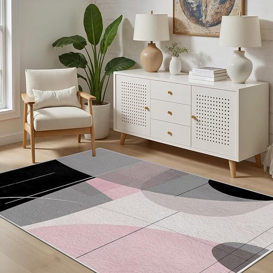 Abstract Art Line Living Room Area Rugs 7x10, Modern Boho Geometric Print Rug, Minimalist Washable Non Slip Neutral Soft Carpet for Bedroom, Dining Room Office Playroom, Black Gray