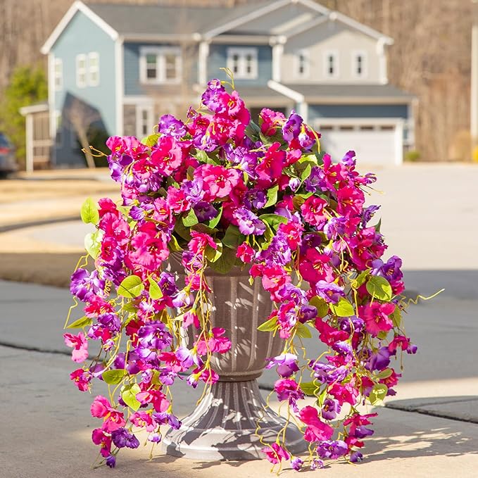 Fake Hibiscus Artificial Hanging Flowers Plants for Outdoors Spring Decoration, 2pcs Silk Hibiscus Vines Realistic UV Resistant Faux Flowers for Outside Planter Porch Patio Yard Wedding Party, Fuchsia