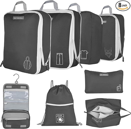 8 Set Expandable Compression Packing Cubes for Suitcases Travel Essentials Carry On Waterproof Storage Bag With Dry And Wet Separation Black