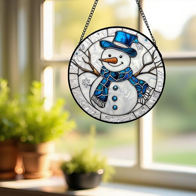 Stained Glass Window Hanging Christmas Snowman Blue White Large 11.8" - Suncatcher Door Garden Sun Catcher Home Decor Birthday Mother's Day Xmas Gift for Mom Men Woman Her Nana Parents Girl