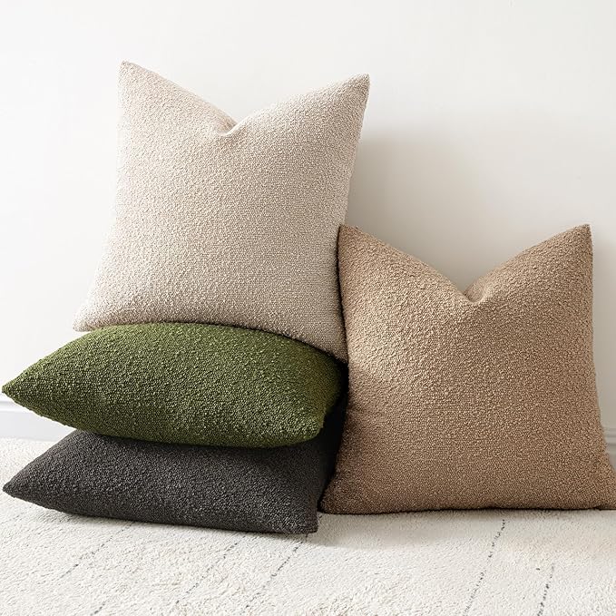 Woaboy Pack of 2 20x20 Inch Decorative Boucle Throw Pillow Covers Textured Square Pillowcaes Accent Solid Cozy Soft Cushion Covers Home Decor for Sofa Couch Living Room Home Decor,Neutral
