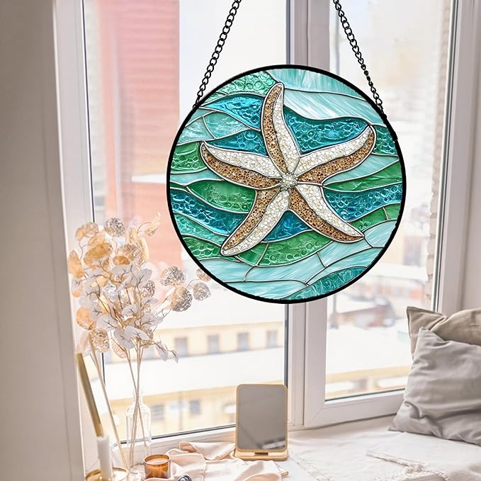 Stained Glass Window Hanging Teal Sea Waves Starfish 6.3" - Suncatcher Door Garden Sun Catcher Home Decor Birthday Mother's Day for Mom Men Woman Parents Her Child Nana