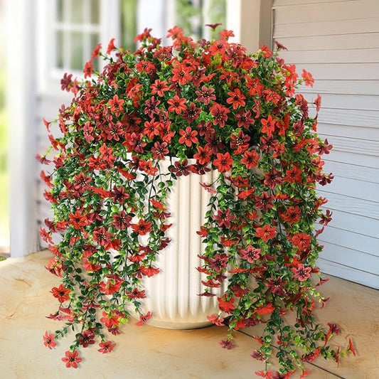 Artificial Hanging Flowers for Outdoors, 2 Pcs Fake Hanging Plant Spring Summer Decor, UV Resistant No Fade Realistic Faux Flower for Front Door Porch Planter Patio Garden Yard(Red Brown)