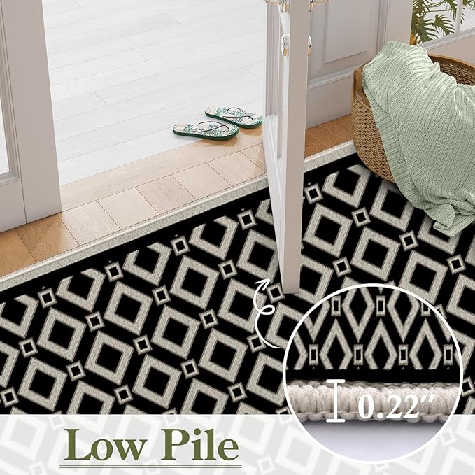 Moroccan Trellis Bedroom Area Carpets, 2.6x10ft, Modern Checkered Washable Hallway Runner Rugs, with Non Slip Backing Durable Cozy Low Pile Rug for Kitchen Bath Room Laundryroom