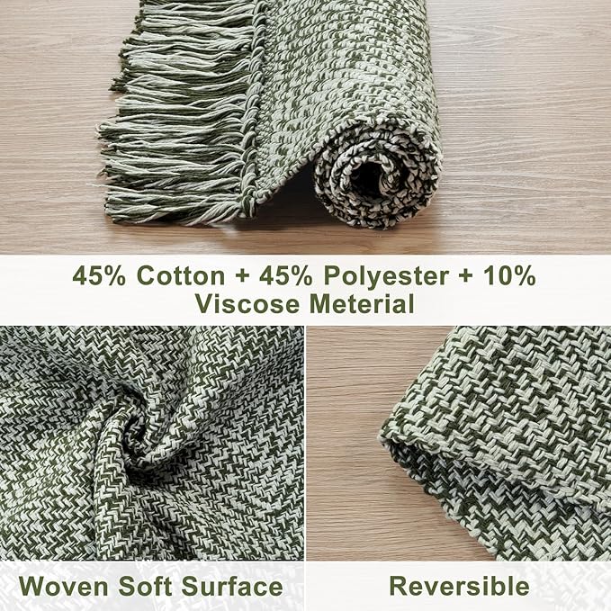 Collive Hallway Runner Rug, 2' x 6' Hand-Woven Reversible Washable Entryway Rug, Olive Green/Cream Cotton Modern Farmhouse Laundry Room Rug Long Carpet for Bathroom Sink Foyer Bedroom