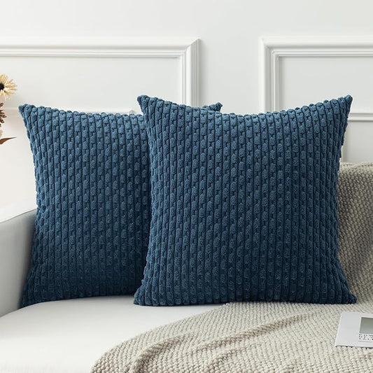 Kevin Textile 2 Packs Blue Decorative Throw Pillow Covers 20x20 Inch for Living Room Couch Bed Sofa Soft Striped Corduroy Square Cushion Case 50x50 cm Rustic Farmhouse Boho Home Decor