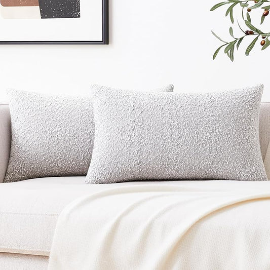 Mixhug Decorative Boucle Throw Pillow Covers, Light Gray, 12 x 20 Inches, Pack of 2 - Textured Boho Pillow Covers for Couch and Bed