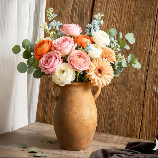 Ceramic Rustic Vase, Vintage Flower Vase with Handle, 9 inch Farmhouse Pottery Flower Vase for Home Decor, Living Room Shelf Decor, Enterway, Table