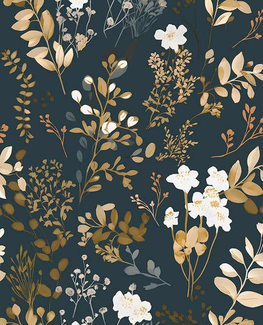 Navy Floral Wallpaper Peel and Stick Boho Wallpaper Vintage Blue/Gold Leaf Contact Paper Waterproof Self Adhesive Modern Wall Paper for Cabinet Walls Kitchen 17.5" x197"