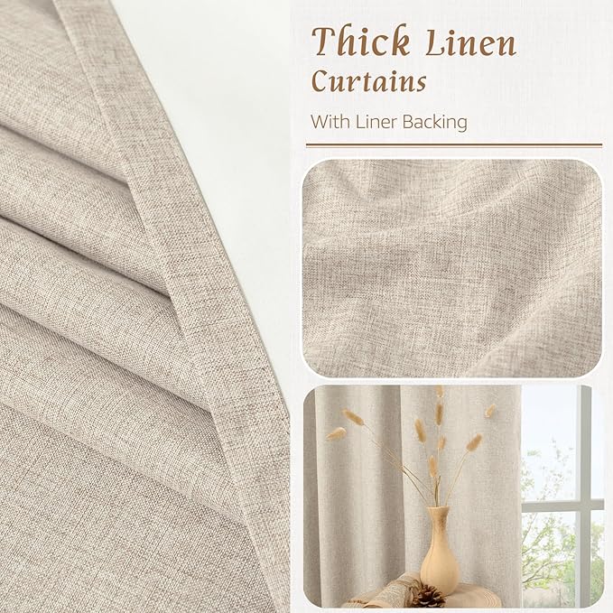 LAMIT 100% Blackout Oatmeal Linen Curtains, 80 Inches Linen Textured Thermal Bedroom Drapes Back Tab and Rod Pocket Neutral Panels with White Liner for Living Room, 2 Panels, 52 x 80 Inch