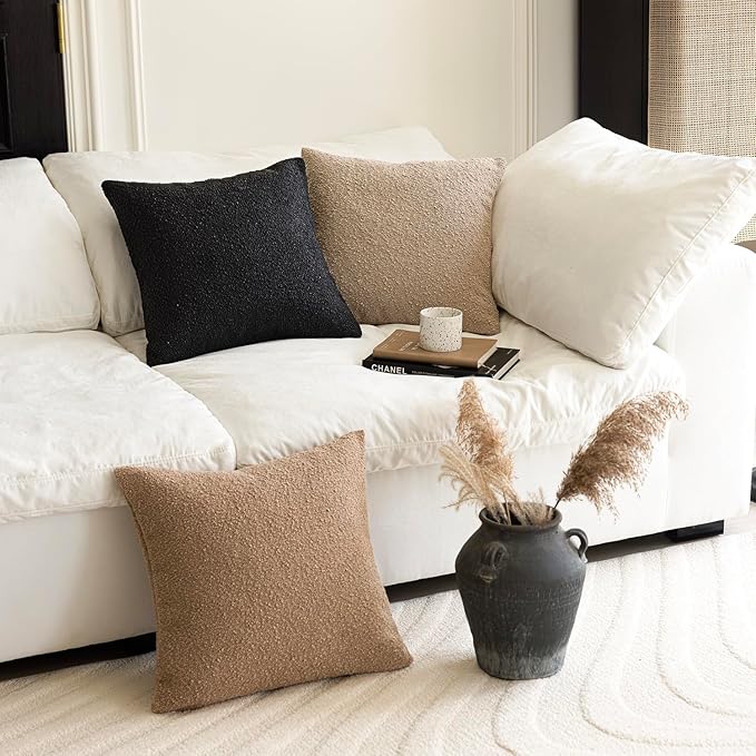 Foindtower Decorative Textured Boucle Throw Pillow Covers Accent Solid Pillow Cases Neutral Soft Cozy Couch Cushion Case for Chair Sofa Bedroom Living Room Home Decor 22 x 22 Inch,Black