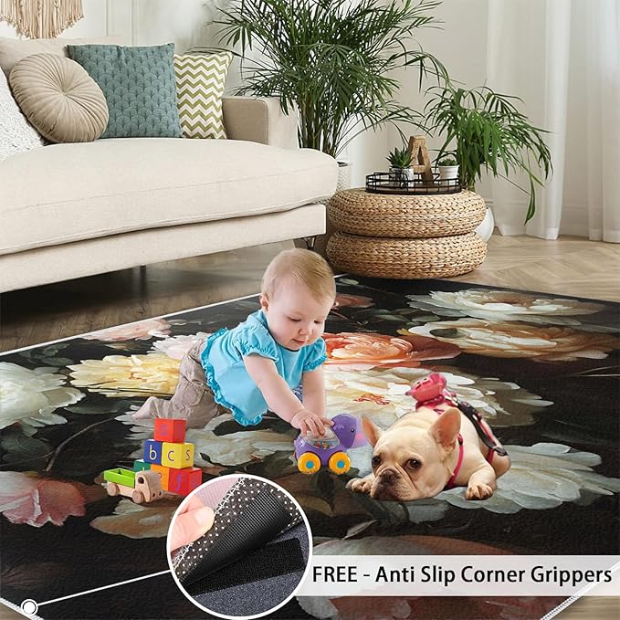 Flowers 4x6 Area Rugs for Living Room Peony Washable Rug Rustic Flowers Rug Non Slip Low Pile Soft Area Rugs for Bedroom Bedside Dining Room Kids