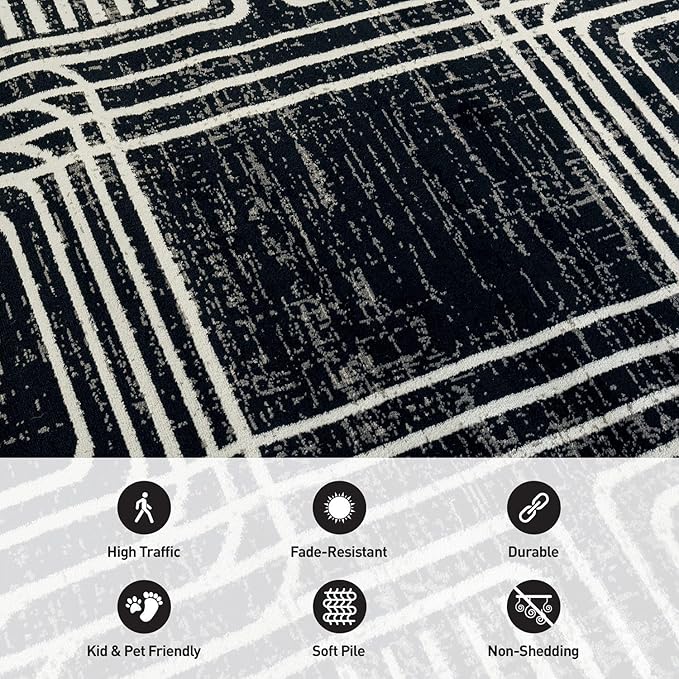 Rugshop Black and White Geometric Area Rug – Abstract Curved Line and Square Pattern Carpet for Living Room, Bedroom, or Office – Contemporary Soft Floor Décor 2' 3" x 8' Runner Black