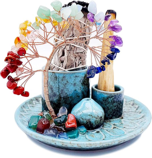 5 in 1 Incense Burner Holder with Crystal Healing Tree, Palo Santo Holder, Sage Holder, Incense Holder for Sticks/Cones/Candles, Ceramic Tray Ash Catcher for Burning Incense, Meditation Gift