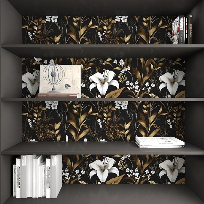 White Floral Wallpaper Peel and Stick, Black Gold Vintage Contact Paper, Dark Golden Botanical Wall Paper Self Adhesive Removable Waterproof for Bedroom Cabinet Drawer Table Decor 17.5" x 118"