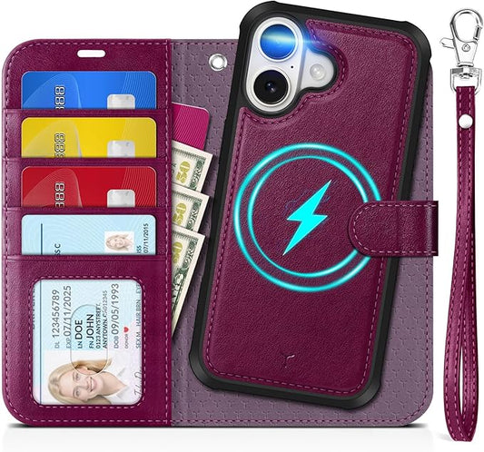 TUCCH Detachable Case Wallet for iPhone 17 (6.3") 2025, Wrist Strap | 4 Card Slots RFID Blocking | Wireless Charging | Stand | 2-in-1 Magnetic | PU Leather | Shockproof Folio Cover | Plum Purple