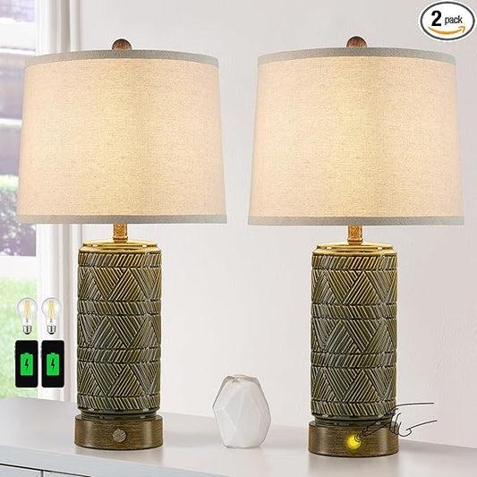 RORIA Set of 2 Retro Touch Table Lamps for Living Room Bedroom, 3 Way Dimmable Nightstand Lamp with 2 USB Port, Farmhouse Rustic Ceramic Desk Lamps for End Table Bedside, LED Bulbs Included