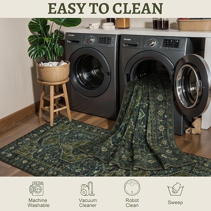 Tangsoo 2.6x10 Washable Hallway Runner Rug, Non Slip Vintage Runner Rug for Hallways, Soft Low Pile Long Rug Runner, Print Distressed Carpet Runners for Kitchen Bedroom Entryway Living Room Green