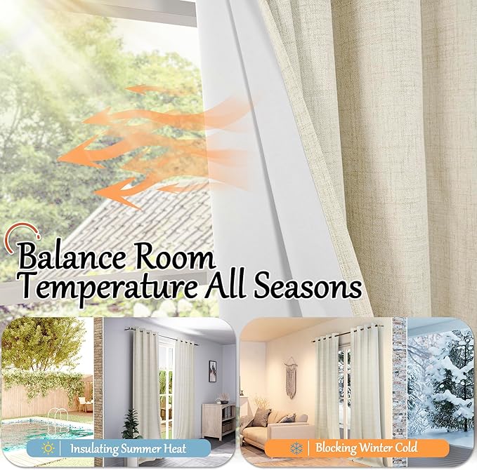 Lajode 100% Blackout Curtains 96 Inches Long for Living Room 2 Panels Set, Textured Floor Length 95 Inch Thermal Insulated Faux Linen Bronze Grommet Boho Window Drapes, Each 52" Wide, Natural