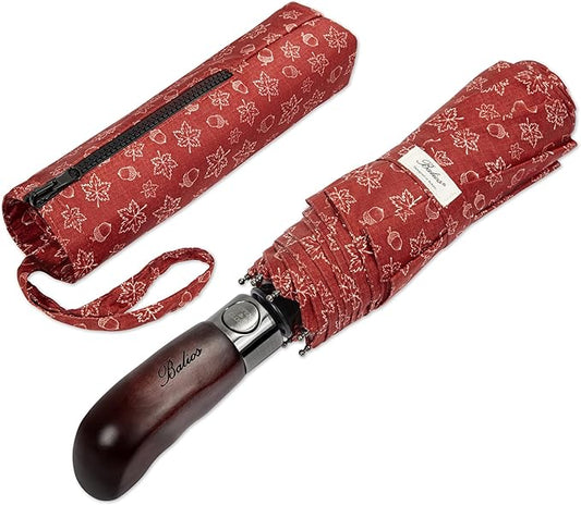 Balios Travel Folding Umbrella with Real Wood Handle Auto Open Close Vented Windproof Canopy - Designed in UK
