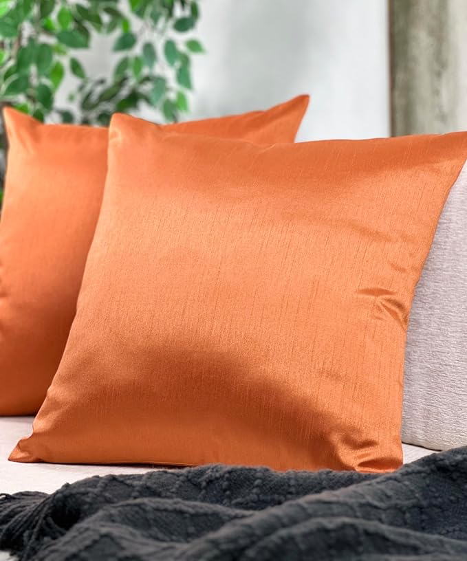 Aiking Home 26x26 Inches Faux Silk Square European Shams, Zipper Closure, Orange (Set of 2)