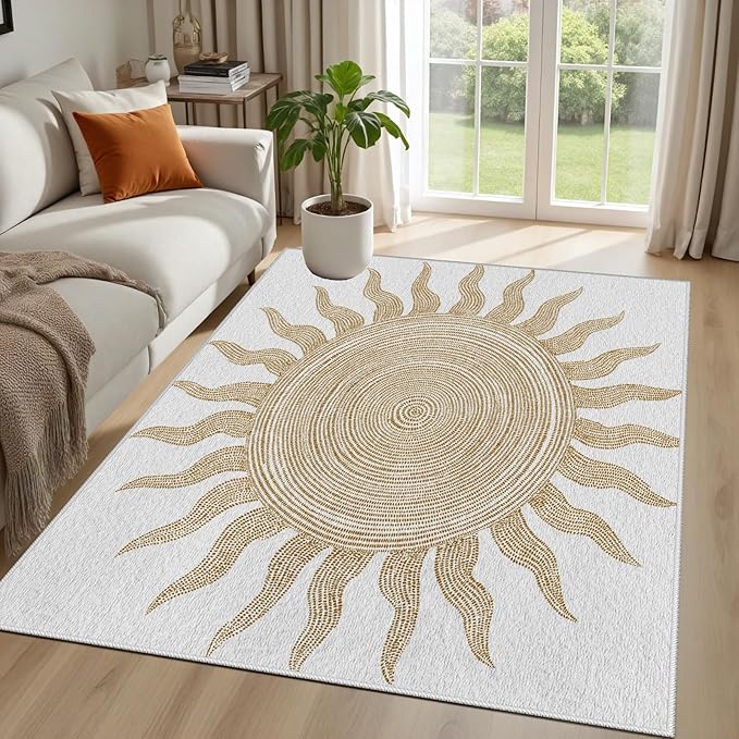 Boho Washable Rugs for Bedroom 5x8, Modern Sun Print Soft Minimalism Area Rug, Non Slip Low Pile Abstract Carpet for Classroom Living Room Decor Dining Room Sofa Kids Nursery Room, Beige Yellow