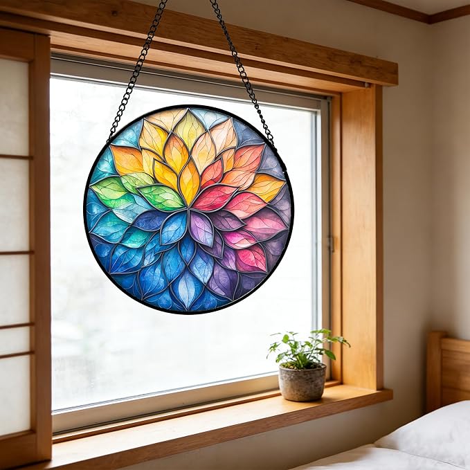 DASTOLL Stained Glass Window Hanging, Colorful Flower Petals Sun Catchers Diamond Glass Panel Hangings Suncatcher Decor for Birthday for Women, Men, Wife, Aunt, and Mom 9.8 in