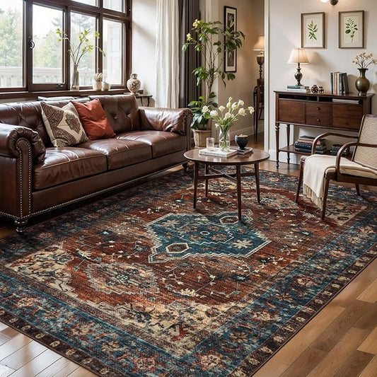 Tangsoo Oriental 5x7 Area Rug Washable Rug for Living Room, Vintage Indoor Non Slip Large Area Rugs, Print Distressed Rust Carpet, Soft Low Pile Foldable Floor Rug for Bedroom Dining Room Dorm