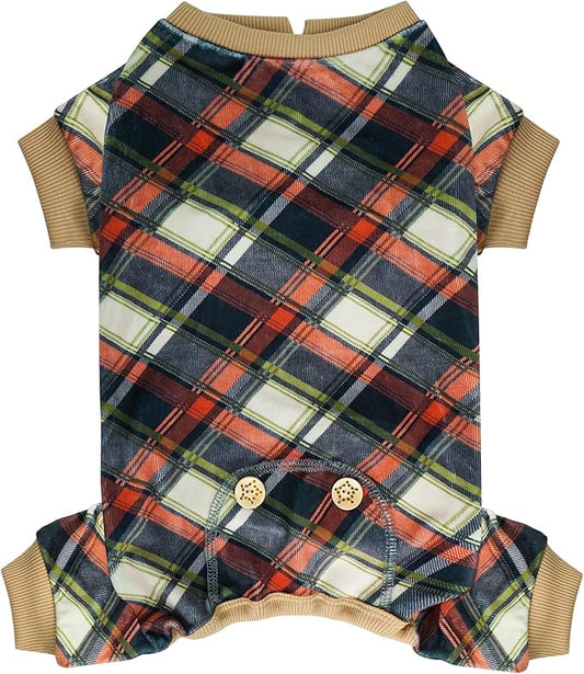KYEESE Dog Pajamas Plaid Dog Pajamas for Small Dogs Boy Girl Stretchy Onesie Velvet Doggie Jammies Lightweight Pjs Soft Coat Comfy Pet Clothes, Khaki, Medium