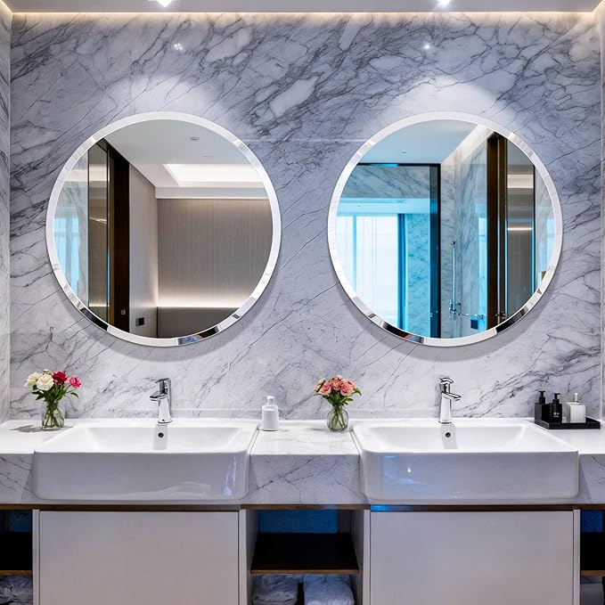 Frameless Round Wall Mirror: Decorative Mirrored Glass Vanity with Beveled Silver Edge for Bathroom Bedroom Livingroom Dining Room Entryway Hallway, 28 x 28 inch