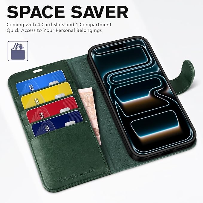 TUCCH Wallet Case for iPhone 17 Pro Max (6.9") 2025, RFID Blocking 4 Card Slots, Kickstand, Shockproof TPU Shell, PU Leather, Magnetic Closure, Protective Flip Folio Cover, Evergreen