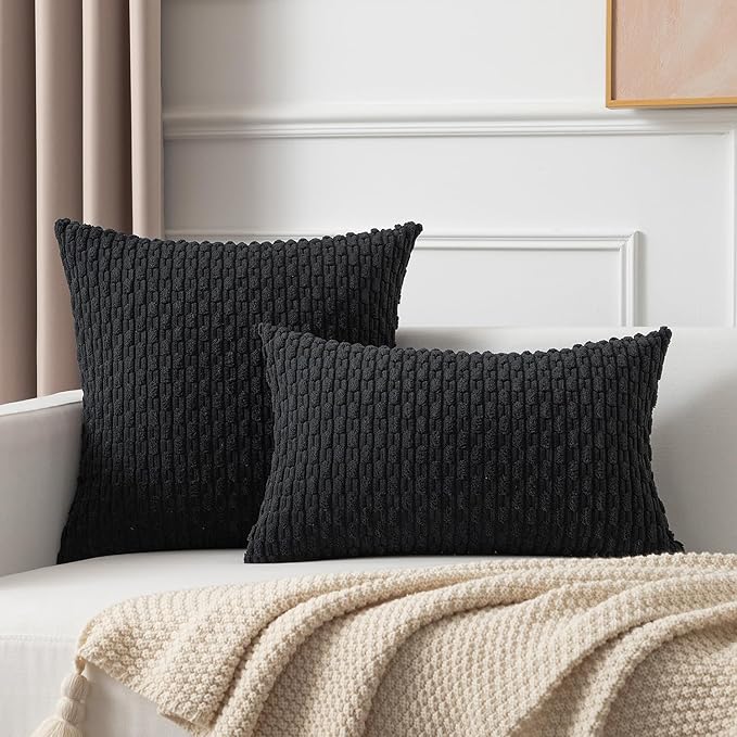 Kevin Textile Set of 2 Decorative Pillow Cover Solid Striped Corduroy Plush Velvet Cushion Cover for Couch 50cm 20 x 20 Inch Black