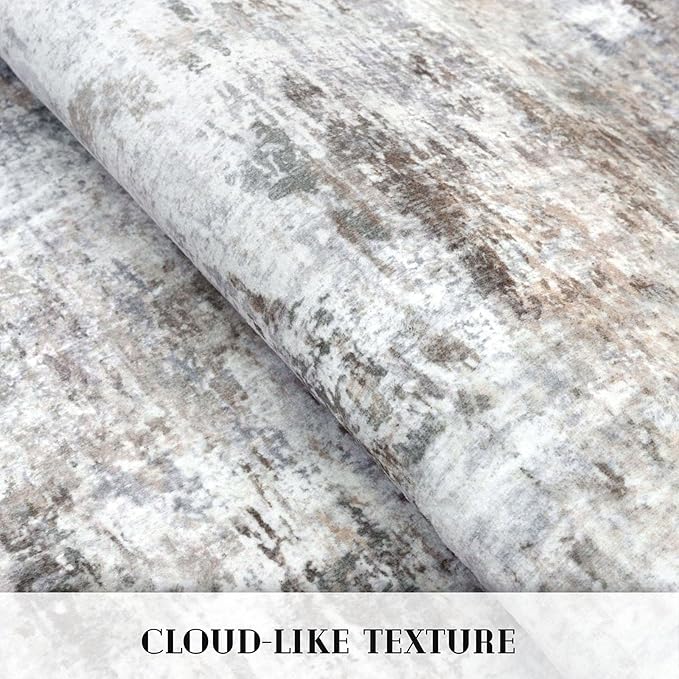 Modern Abstract 4x6 Living Room Washable Rug Non-Slip Soft Bedroom Area Rug Beige Grey Neutral Thin Print Faux Wool Floor Carpet Throw Rugs for Nursery Playroom Dining Room Indoor Office
