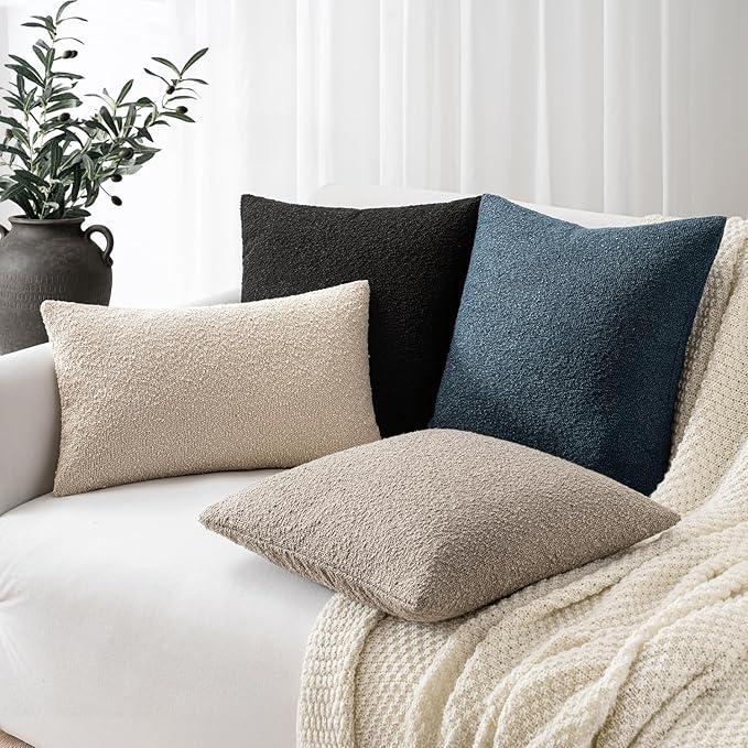 Woaboy Pack of 2 18x18 Inch Decorative Boucle Throw Pillow Covers Textured Square Pillowcaes Accent Solid Cozy Soft Cushion Covers Home Decor for Sofa Couch Living Room Home Decor,Dark Blue