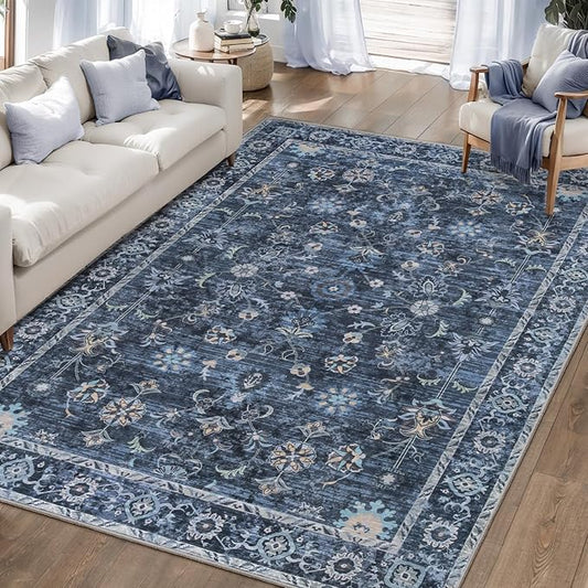 Tangsoo 5x7 Blue Area Rug for Bedroom Living Room, Washable Vintage Floral Rug Non Slip, Low Pile Stain Resistance Distressed Retro Indoor Boho Carpet for Laundry Farmhouse Dinning Room Mat Home Decor