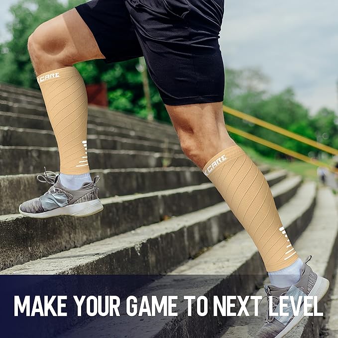 Thoxcare Calf Compression Sleeve for Men Women (2 Pairs), Leg Support Footless Compression Socks for Running - Shin Splint Varicose Veins Swelling & Pain Relief, Beige/White, X-Large