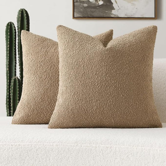 FUTEI Pack of 2 Khaki Decorative Throw Pillow Covers 26x26 Inch Soft Cozy Solid Boucle Textured Euro Pillow Shams,Modern Home Decor for Couch Bed Living Room