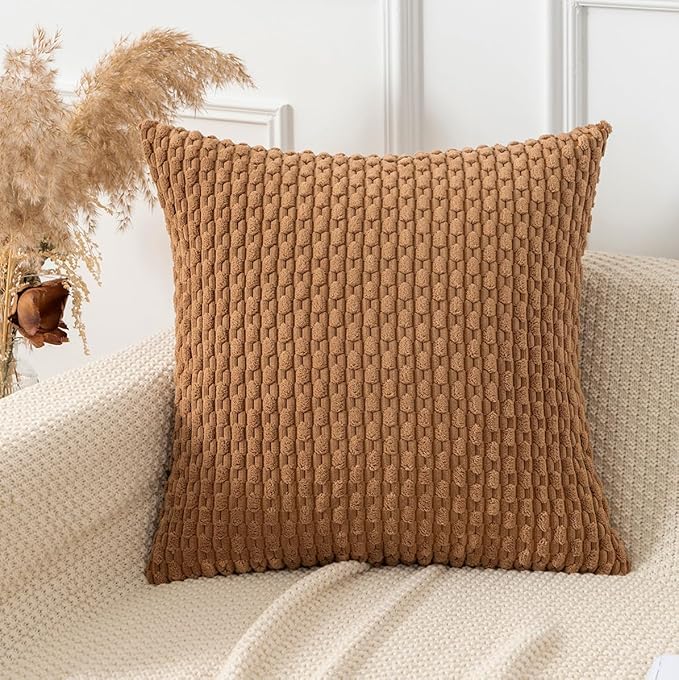 Kevin Textile Throw Pillow Covers Soft Corduroy Decorative Set of 2 Boho Striped Pillow Covers Pillowcases Farmhouse Home Decor for Couch Bed Sofa Living Room 16x16 Inch Khaki