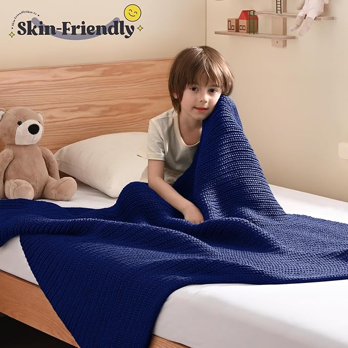 Guohaoi Knitted Weighted Blanket Kids (Blue 36"x48" 5lbs) No Beads Cooling Heavy Blanket, Home Decor Breathable Chunky Knit Throw Blanket for All-Season Use