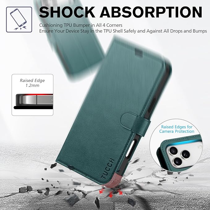 TUCCH Wallet Case for iPhone 17 Pro Max (6.9-Inch) 2025, 4 Card Holders, RFID Blocking, Stand, Shockproof TPU Shell, PU Leather, Magnetic Closure, Protective Flip Folio Cover, Teal Blue