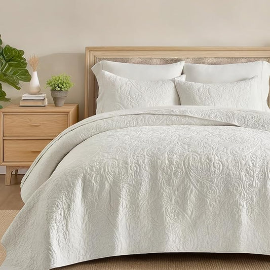 EVERGRACE 100% Cotton Paisley Quilt Set, Queen Size 3 Piece Set – Prewashed Lightweight Bedspread with 2 Shams, Soft & Breathable Matelasse Coverlet for All-Season Comfort, Bright White
