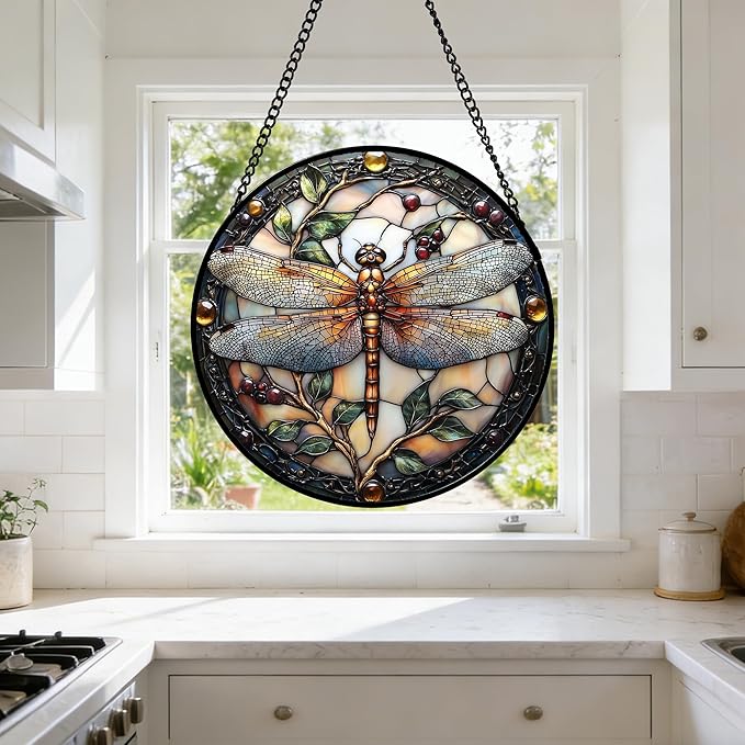 DASTOLL Stained Glass Window Hanging - Dragonfly Plant Suncatcher Ready to Hang Window Doors Home Decoration, Christmas, Mother's Day Birthday Gifts for Women, Men, and Mom 9.8x9.8 in