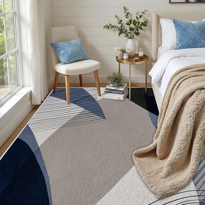 Abstract Art Line Living Room Area Rugs 5x6, Modern Boho Geometric Print Soft Rug, Minimalist Washable Non Slip Neutral Carpet for Bedroom, Dining Room Office Playroom, Navy Blue Gray