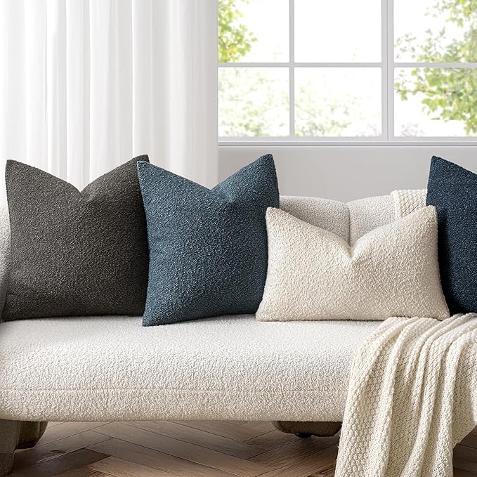 Woaboy Pack of 2 20x20 Inch Decorative Boucle Throw Pillow Covers Textured Square Pillowcaes Accent Solid Cozy Soft Cushion Covers Home Decor for Sofa Couch Living Room Home Decor,Dark Blue