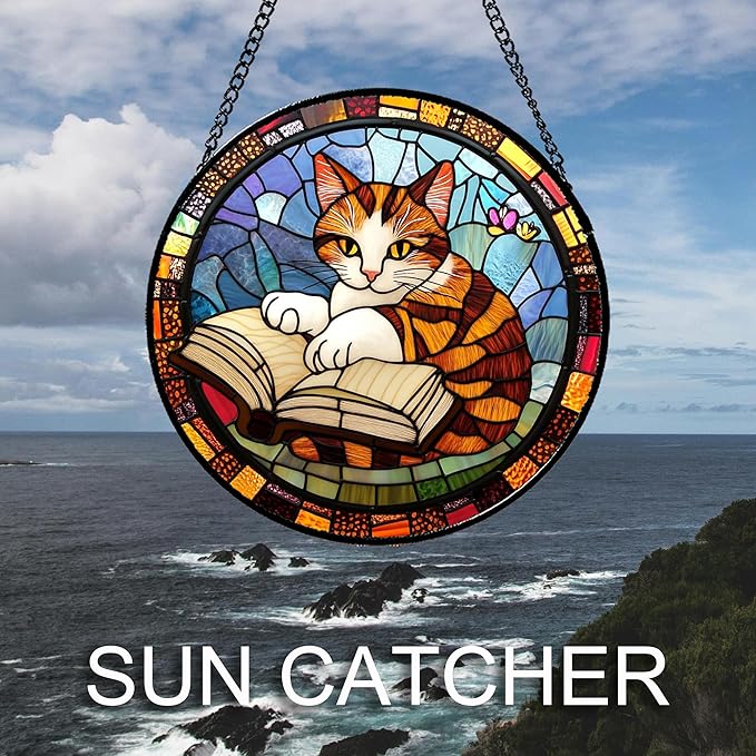 Stained Glass Window Hanging Little Cat Reading 9.8" - Suncatcher Door Garden Kitchen Sunroom Sun Catcher Home Decor Birthday for Lost Pets Mom Grandma Men Woman Friend
