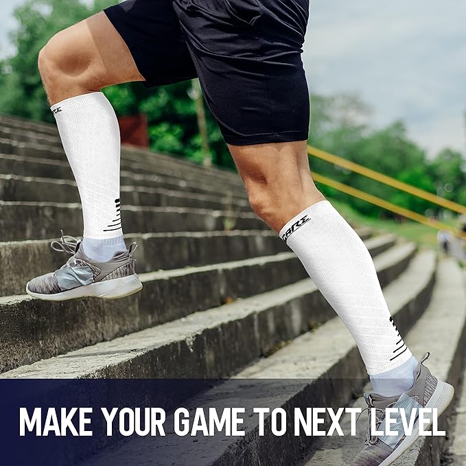 Thoxcare Calf Compression Sleeve for Men Women (1 Pair), Leg Support Footless Compression Socks for Running - Shin Splint Varicose Veins Swelling & Pain Relief, White/Black, Medium
