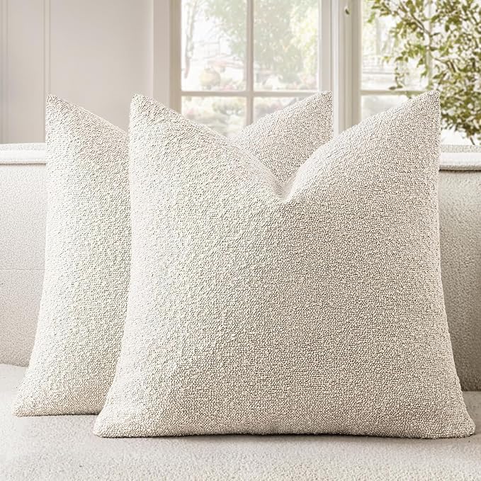 Woaboy Pack of 2 22x22 Inch Decorative Boucle Throw Pillow Covers Textured Square Pillowcaes Accent Euro Solid Cozy Soft Cushion Covers Home Decor for Sofa Couch Living Room Home Decor,Natural Beige