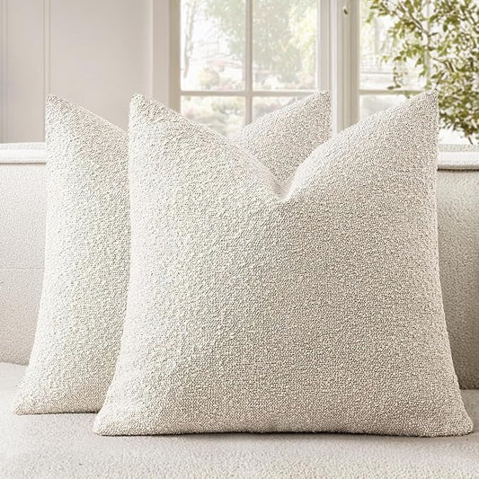 Woaboy Pack of 2 24x24 Inch Decorative Boucle Throw Pillow Covers Textured Square Pillowcaes Accent Euro Solid Cozy Soft Cushion Covers Home Decor for Sofa Couch Living Room Home Decor,Natural Beige