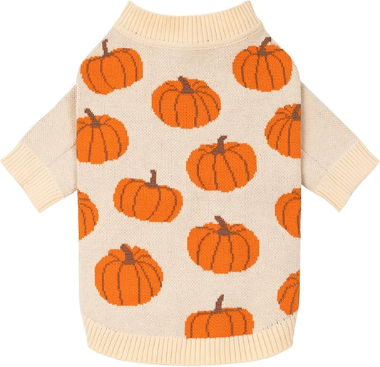 Fitwarm Pumpkin Dog Sweater, Thanksgiving Outfit for Small Dogs Boy Girl, Pet Outfit, Orange, Beige, XS